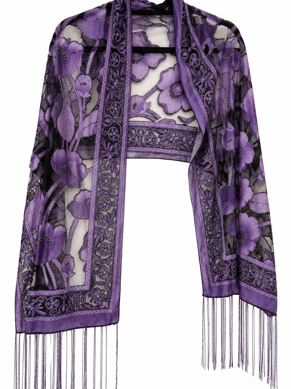 Purple Sheer Floral Fringe Shawl Wrap Scarf Boho Evening Festival One Size